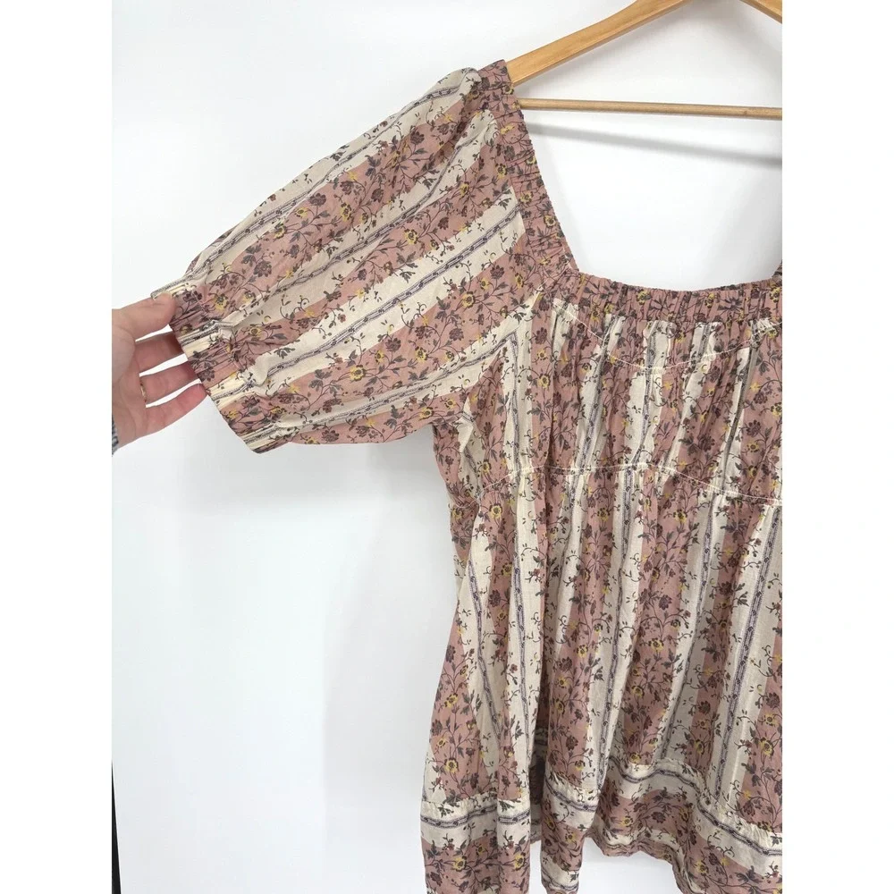 Free People Vintage Lover Floral Striped Puff Cotton Blouse L Cottagecore Boho